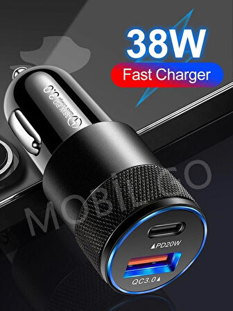 Araç Seyahat Cep Telefonu Şarjı Oto Çakmaklık Şarj Cihazı Type-C Usb Girişli Araba Şarz Aleti 38W