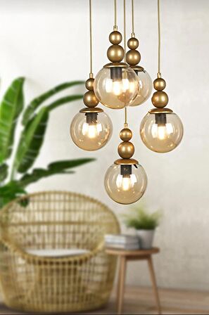 VENÜS 5'Li Sarkıt Eskitme Model - Hakiki Bal Cam - Oturma Odası - Salon - Yatak Odası Modern Avize