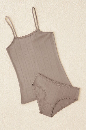 %100 Pamuklu Kalp Desen Dantelli Gri İp Askılı & Bikini Külot 2'li Takım LL.IL22.KE94.001