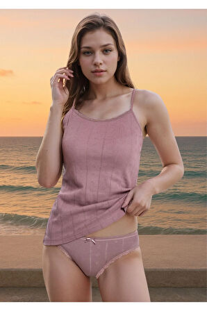 %100 Pamuklu Kalp Desen Dantelli Beyaz İp Askılı & Bikini Külot 2'li Takım LL.IL22.KE94.001