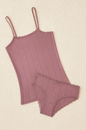 %100 Pamuklu Kalp Desen Dantelli Beyaz İp Askılı & Bikini Külot 2'li Takım LL.IL22.KE94.001