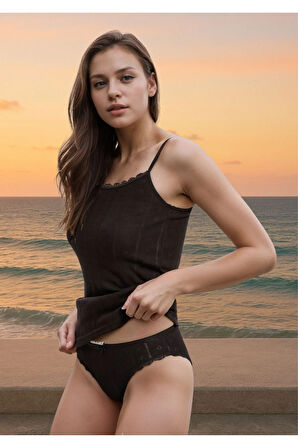 %100 Pamuklu Kalp Desen Dantelli Beyaz İp Askılı & Bikini Külot 2'li Takım LL.IL22.KE94.001