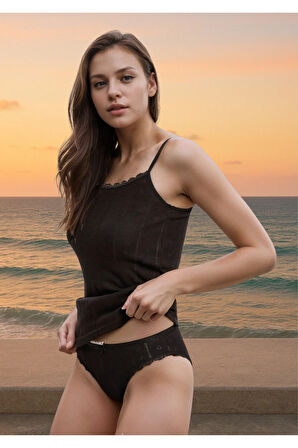 3 Adet Siyah-Beyaz-Gri %100 Pamuklu Kalp Desen İp Askılı & Bikini Külot 2'li Takım LL.IL22.KE942.001