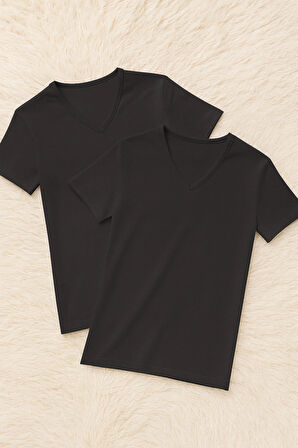 Erkek %100 Pamuklu V Yaka Kısa Kollu 2 Adet Beyaz T-Shirt LL.IL10.KE12.001