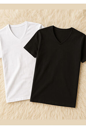 Erkek %100 Pamuklu V Yaka Kısa Kollu 2 Adet Beyaz T-Shirt LL.IL10.KE12.001