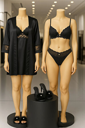 Kadın Giyim 5 Parça Saten Gecelik - Sabahlık & Dantelli İç Çamaşır Takımı & Tüy Detay Terlik
