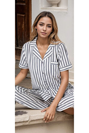 Kadın Ev Giyim Kısa Kollu Gri & Beyaz Çizgili Pijama Takımı A1.L01.IS.00.SA003