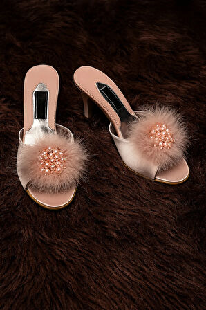 Kadın Giyim Tüy & İnci Detaylı Çeyizlik - Hediyelik Topuklu Ev Terliği LL.GC125.001