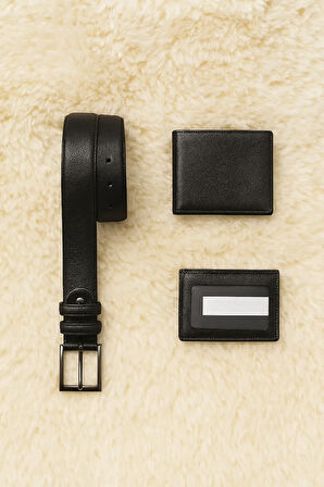 Erkek Siyah Hediyelik - Çeyizlik 3'lü Kemer & Cüzdan & Kartlık Seti LL.GC515.001