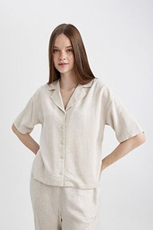 DeFacto Oversize Geniş Kalıp Pijama Yaka Keten Karışımlı Kısa Kollu Gömlek U2927AZ24SMER234