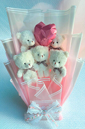 Premium Yumoş Beyaz Ayıcıklı, Kalp Balonlu Pembe Peluş Ayıcık Buketi