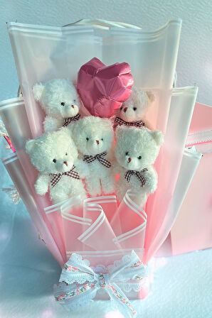 Premium Yumoş Beyaz Ayıcıklı, Kalp Balonlu Pembe Peluş Ayıcık Buketi