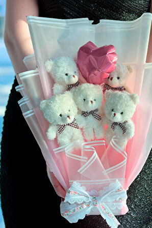 Premium Yumoş Beyaz Ayıcıklı, Kalp Balonlu Pembe Peluş Ayıcık Buketi