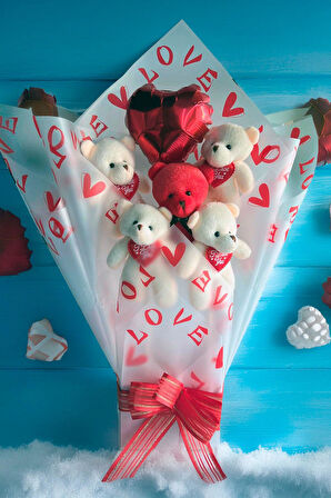 Premium Kalp Balonlu LOVE Temalı Kırmızı- Beyaz Peluş Ayıcık Buketi