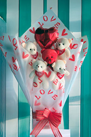 Premium Kalp Balonlu LOVE Temalı Kırmızı- Beyaz Peluş Ayıcık Buketi