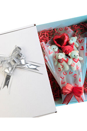 Premium Kalp Balonlu LOVE Temalı Kırmızı- Beyaz Peluş Ayıcık Buketi