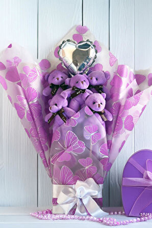 Premium Kelebek Desenli Yumoş MOR Peluş Ayıcık Buketi–Kalp Balonlu