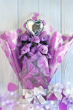 Premium Kelebek Desenli Yumoş MOR Peluş Ayıcık Buketi–Kalp Balonlu