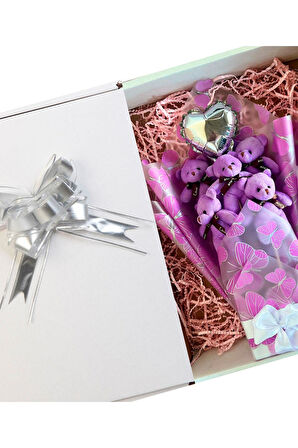 Premium Kelebek Desenli Yumoş MOR Peluş Ayıcık Buketi–Kalp Balonlu