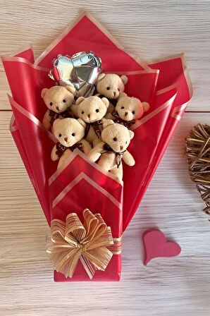 Premium 6’li Bej Peluş Ayıcık Buketi – Kalp Balonlu Arkadaşa, Eşe, Sevgiliye Hediye