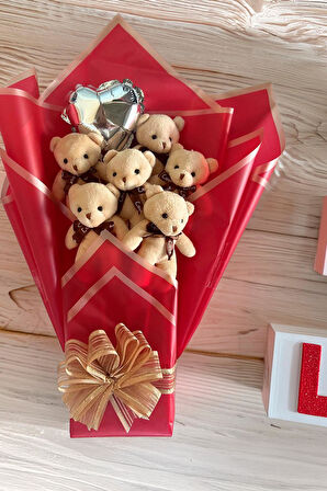 Premium 6’li Bej Peluş Ayıcık Buketi – Kalp Balonlu Arkadaşa, Eşe, Sevgiliye Hediye