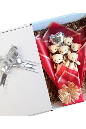 Premium 6’li Bej Peluş Ayıcık Buketi – Kalp Balonlu Arkadaşa, Eşe, Sevgiliye Hediye