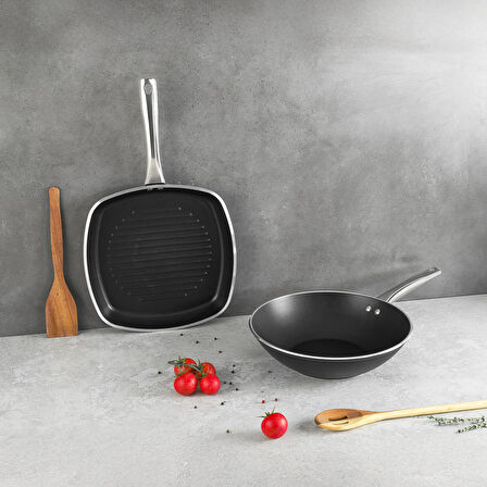 Aryıldız Atlanta 2 Parça Wok + Grill Tava Seti Black