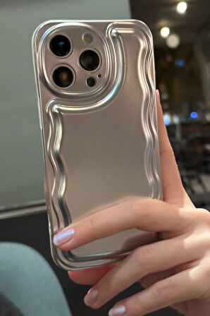 iPhone 14 Promax Uyumlu Zigzaglı Dalgalı Gümüş Puf Kılıf