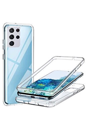 Samsung Galaxy S21 Ultra Snapdragon SM-G998U Uyumlu 360° Ön Arka Şeffaf Silikon Full Body Kılıf