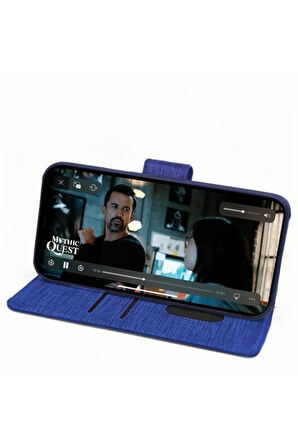 Samsung Galaxy A01 SM-A015F Uyumlu Kart ve Para Bölmeli Standlı Cüzdanlı Kılıf - Mavi