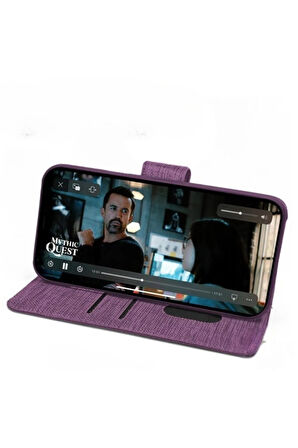 Samsung Galaxy A01 SM-A015F Uyumlu Kart ve Para Bölmeli Standlı Cüzdanlı Kılıf - Mor