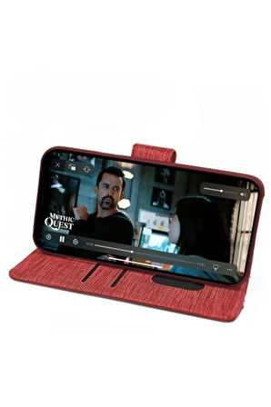 Samsung Galaxy A01 SM-A015F Uyumlu Kart ve Para Bölmeli Standlı Cüzdanlı Kılıf - Kırmızı