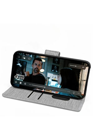 Apple iPhone 6 Plus - 6S Plus Uyumlu Kart ve Para Bölmeli Standlı Cüzdanlı Kılıf - Gri