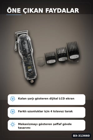 LCD Ekranlı USB Şarjlı Saç Kesme Makinesi 4 Tarak Profesyonel Erkek Tıraş Makinesi BX-313660