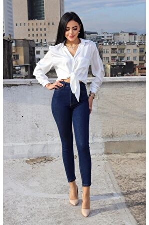 Layla Koyu Mavi Yüksel Bel Dar Paça Skinny Likralı Kot Pantalon