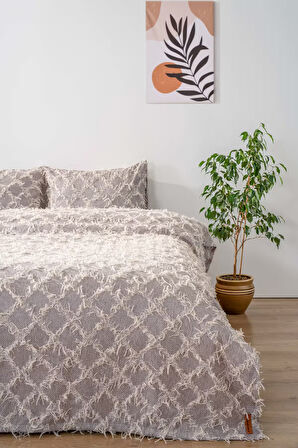 Ferly Püsküllü Gri Çift Kişilik Jakarlı Deluxe Uyku Seti 3 Parça Yatak Örtüsü Seti