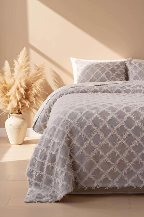 Ferly Püsküllü Gri Çift Kişilik Jakarlı Deluxe Uyku Seti 3 Parça Yatak Örtüsü Seti