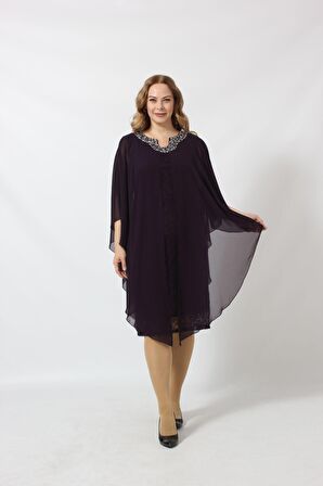 YAKASI TAŞ BASKILI DANTEL ŞİFON KOMBİNLİ BÜYÜK BEDEN KISA ABİYE ELBİSE