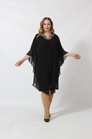 YAKASI TAŞ BASKILI DANTEL ŞİFON KOMBİNLİ BÜYÜK BEDEN KISA ABİYE ELBİSE