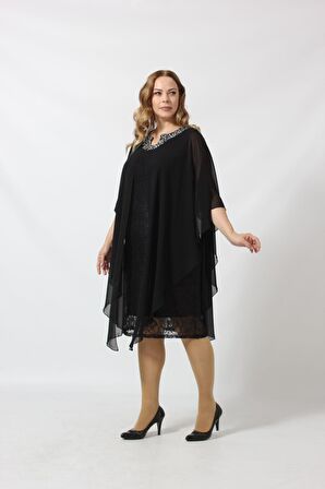 YAKASI TAŞ BASKILI DANTEL ŞİFON KOMBİNLİ BÜYÜK BEDEN KISA ABİYE ELBİSE