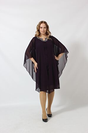 YAKASI TAŞ BASKILI DANTEL ŞİFON KOMBİNLİ BÜYÜK BEDEN KISA ABİYE ELBİSE