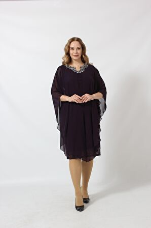 YAKASI TAŞ BASKILI DANTEL ŞİFON KOMBİNLİ BÜYÜK BEDEN KISA ABİYE ELBİSE