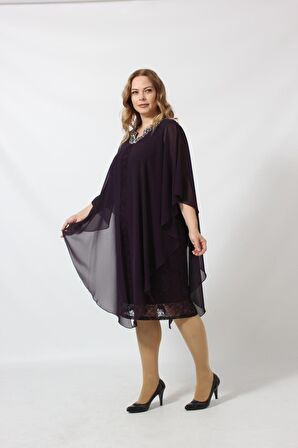 YAKASI TAŞ BASKILI DANTEL ŞİFON KOMBİNLİ BÜYÜK BEDEN KISA ABİYE ELBİSE