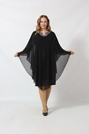 YAKASI TAŞ BASKILI DANTEL ŞİFON KOMBİNLİ BÜYÜK BEDEN KISA ABİYE ELBİSE