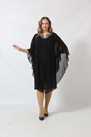 YAKASI TAŞ BASKILI DANTEL ŞİFON KOMBİNLİ BÜYÜK BEDEN KISA ABİYE ELBİSE