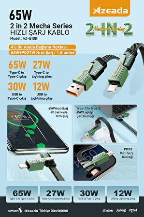 Azeada 65w Çoklu USB Type-C ve Lightning Örgülü Şarj Ve Data Kablosu - 1.5 Metre 65 W