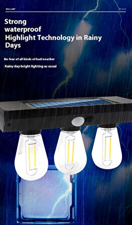 Solar Güneş Enerjili Şarjlı Aplik Lamba Hareket Sensörlü 3 Ampullu 3W