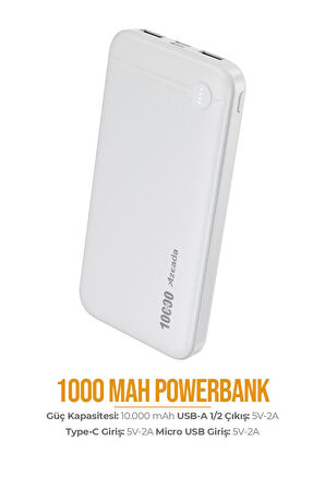 Azeada 10000 mAh 5v-2a Powerbank Type-C / Usb Giriş Led Işıklı Gösterge