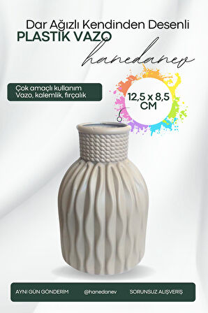 Kendinden Desenli Dar Ağızlı Plastik Vazo - Çok Amaçlı Kalemlik Fırçalık Vazo 12,5 x 8,5 Cm
