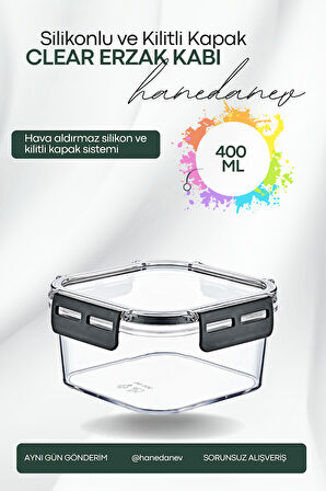 Clear Kare Erzak Kabı - Silikonlu ve Kilitli Kapaklı Saklama Kabı 400 ML 12 x 6,5 Cm